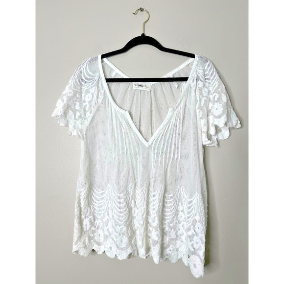 Abercrombie & Fitch Top Womens Small Lace Embroidered Floral Mesh White Boho - Picture 1 of 7
